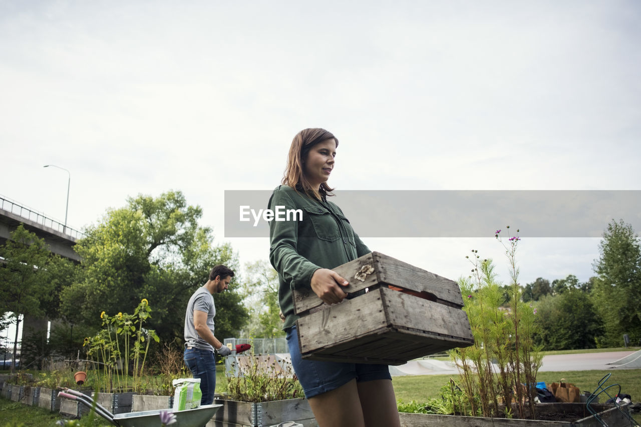 Mid adult woman carrying wooden crate while man planting in background at urban garden