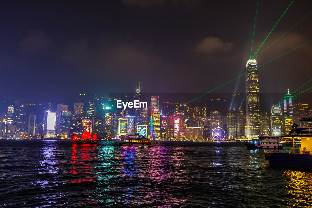 ILLUMINATED BUILDINGS BY RIVER AGAINST SKY