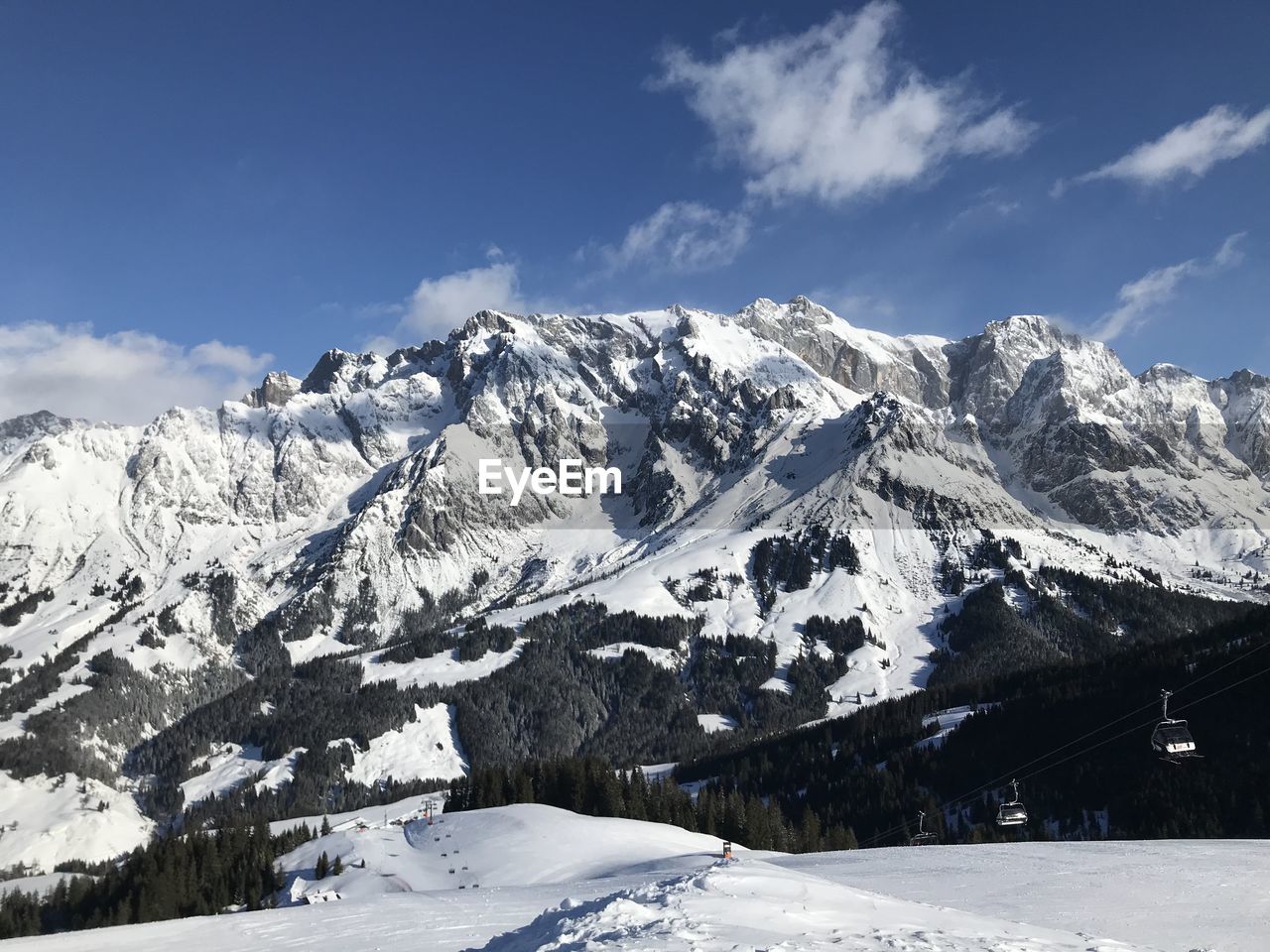 Scenic view of snow covered mountains against sky