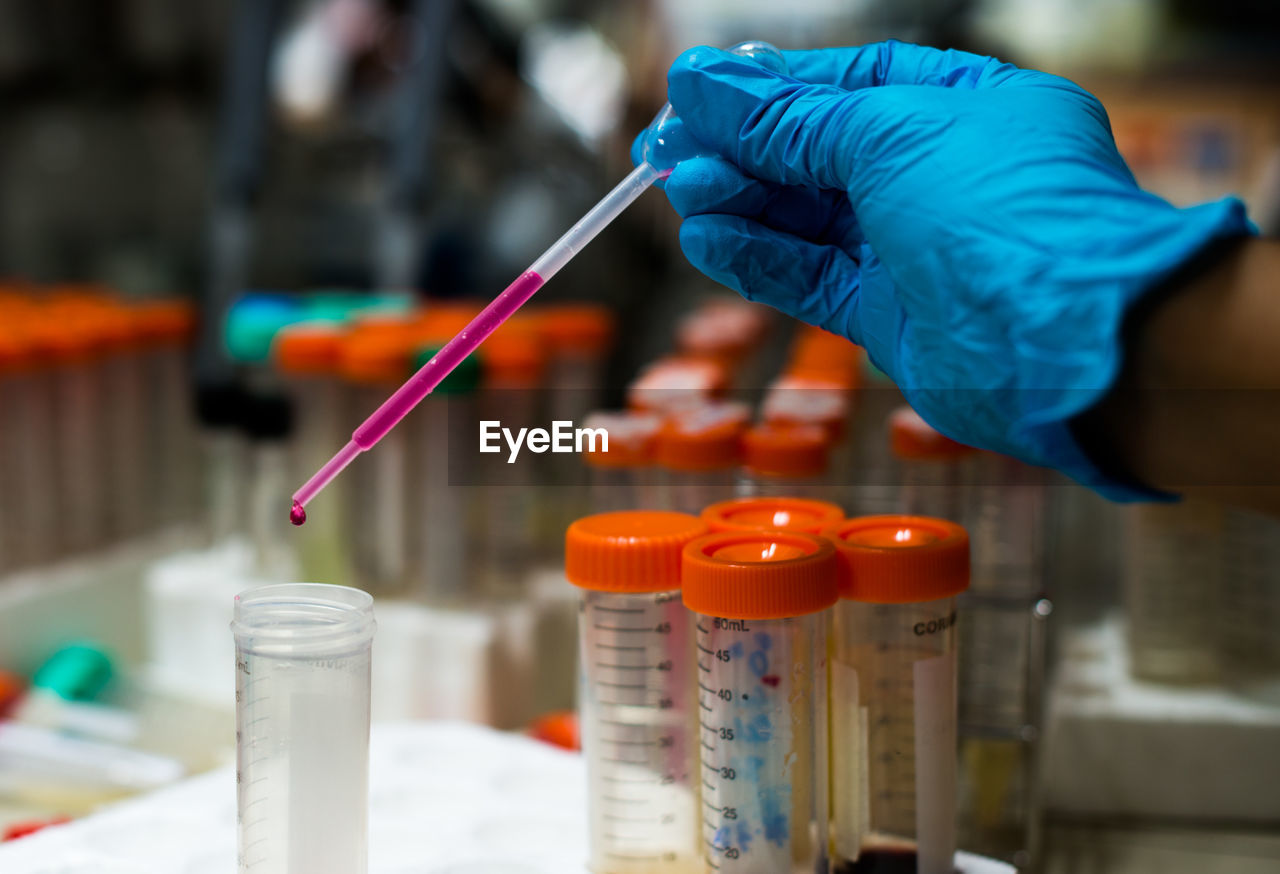 Cropped hand examining in laboratory