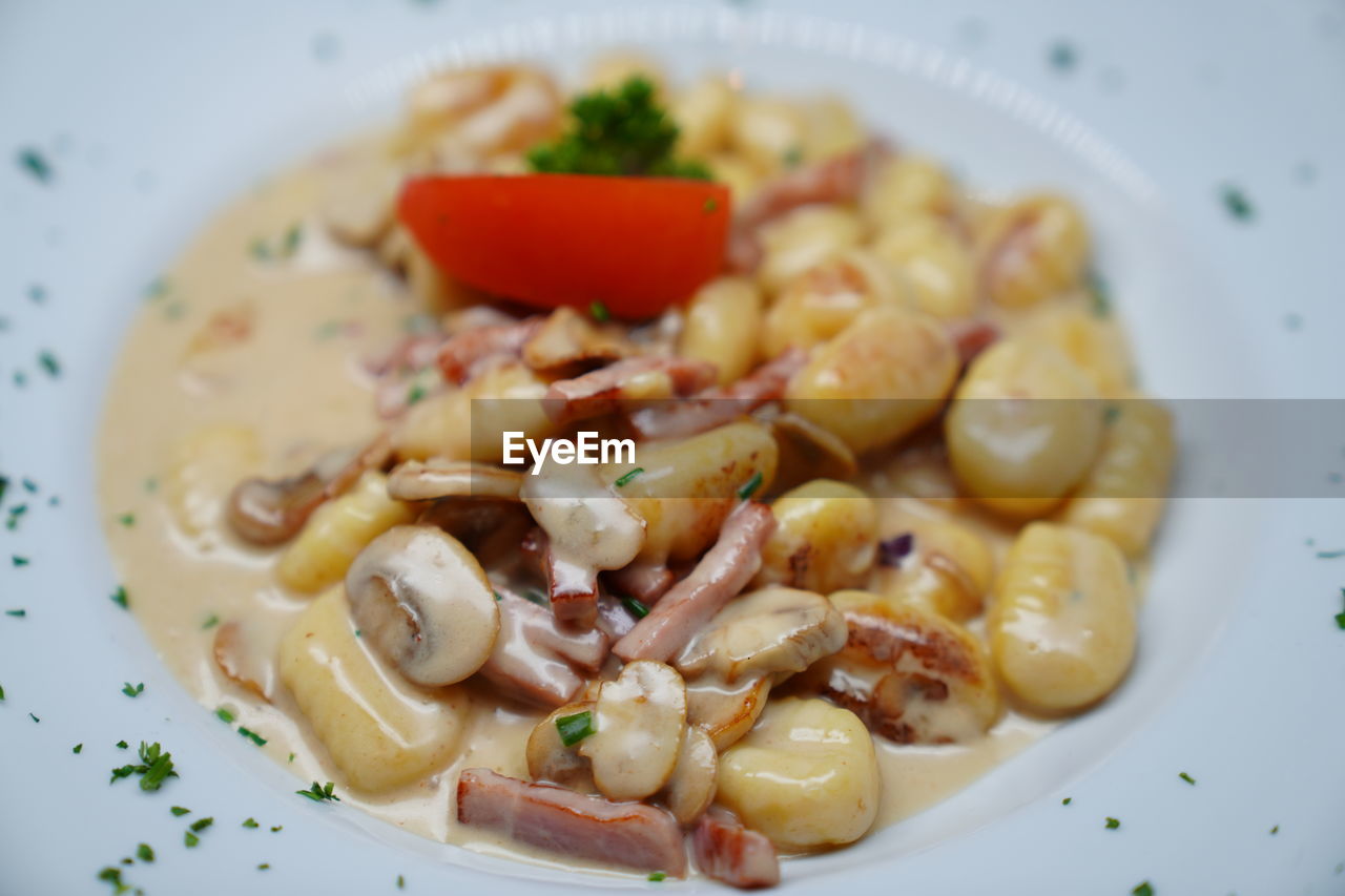 CLOSE-UP OF PASTA WITH MEAT AND SALAD