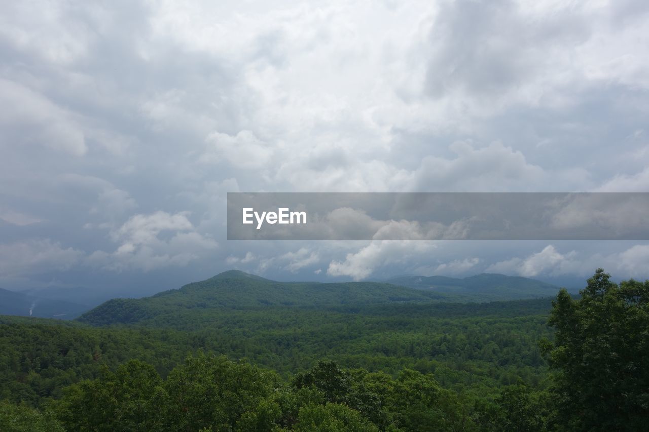 IDYLLIC SHOT OF GREEN LANDSCAPE AND MOUNTAINS AGAINST SKY