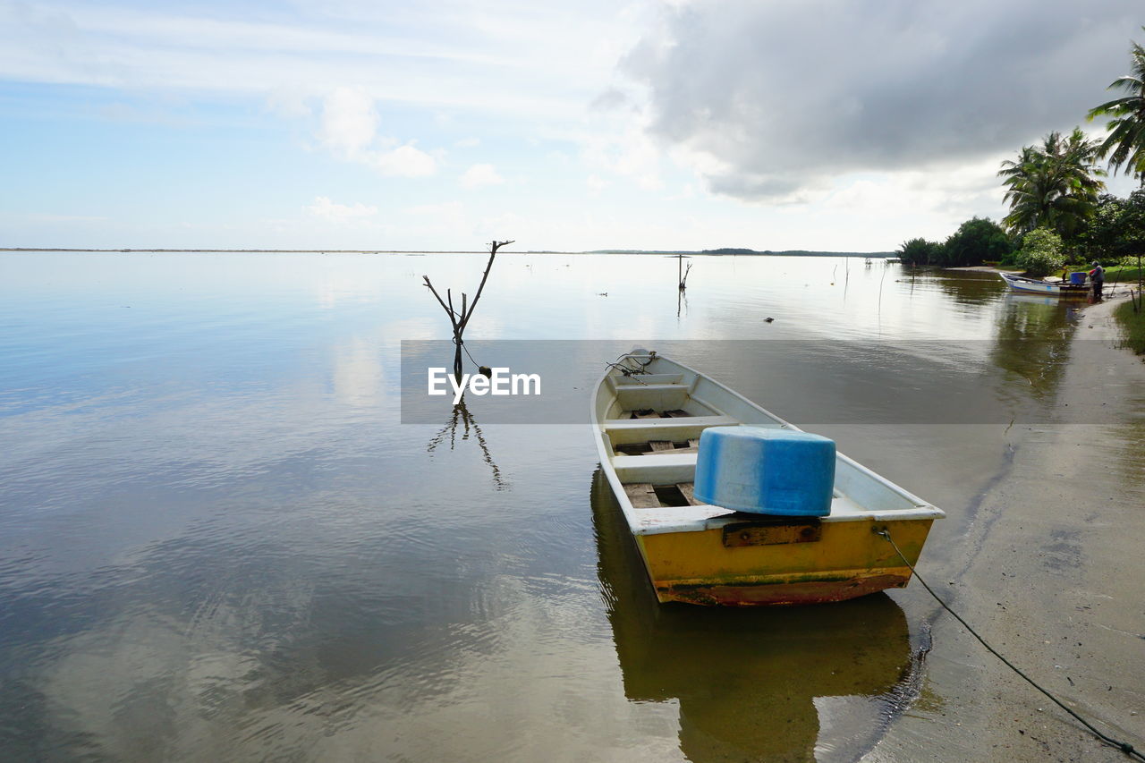 Ship in lake against sky