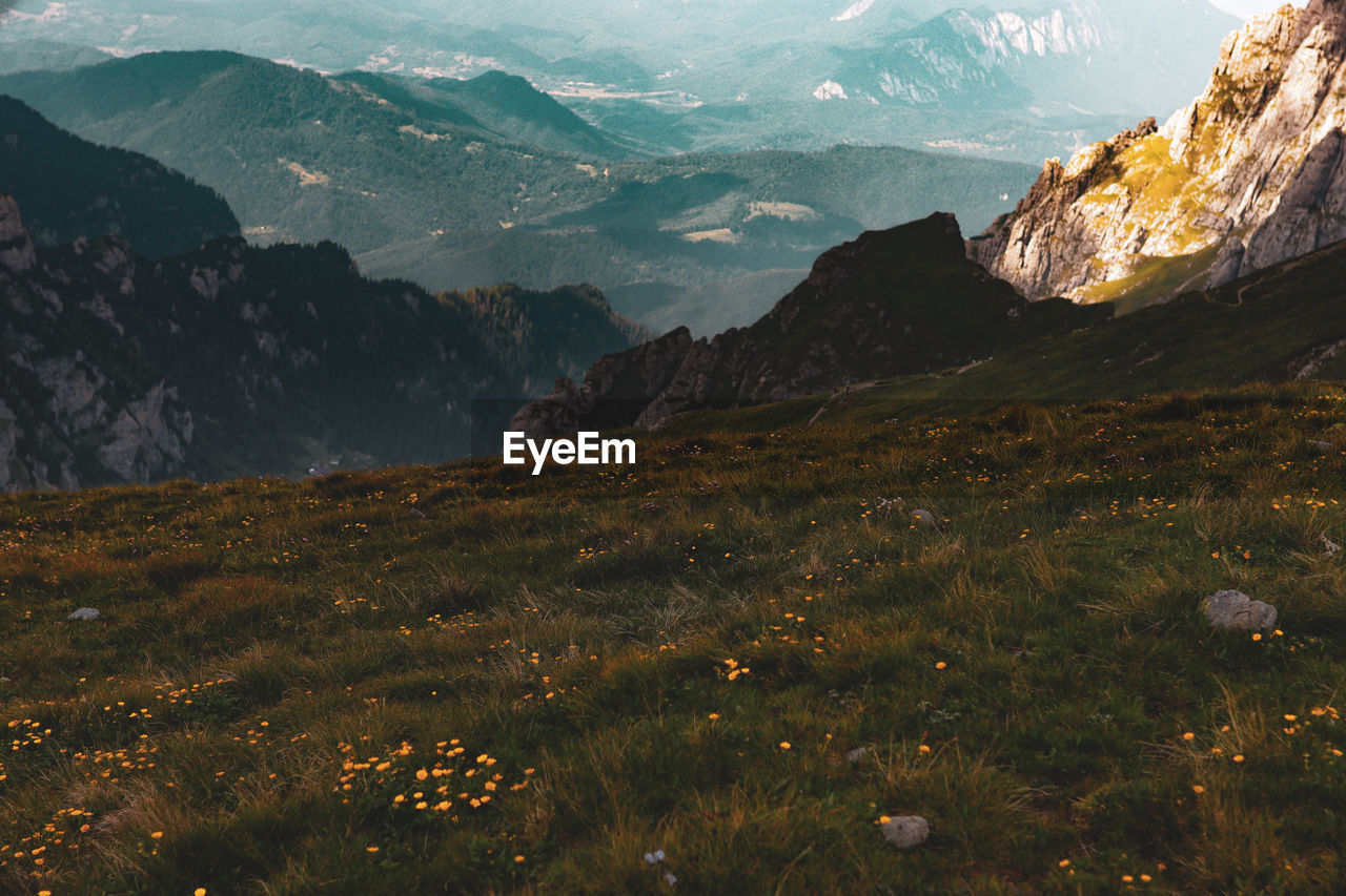 Scenic view of landscape and mountains against sky