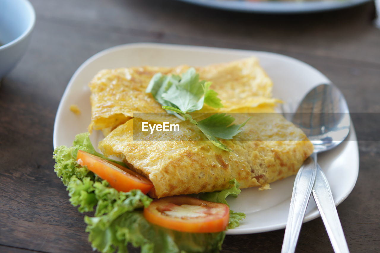 Close-up of breakfast served on table