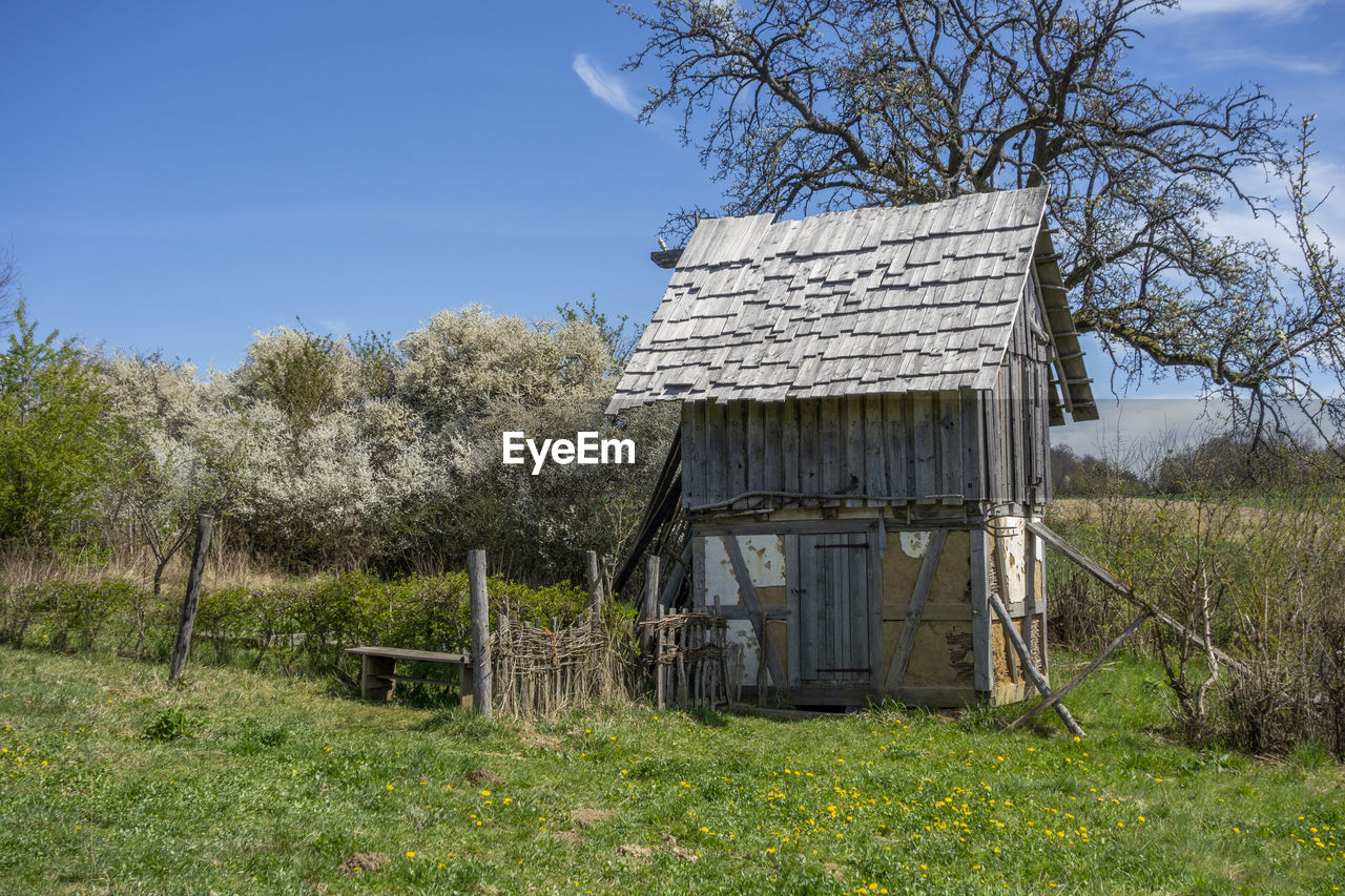 Medieval wooden hut in sunny ambiance at early spring time