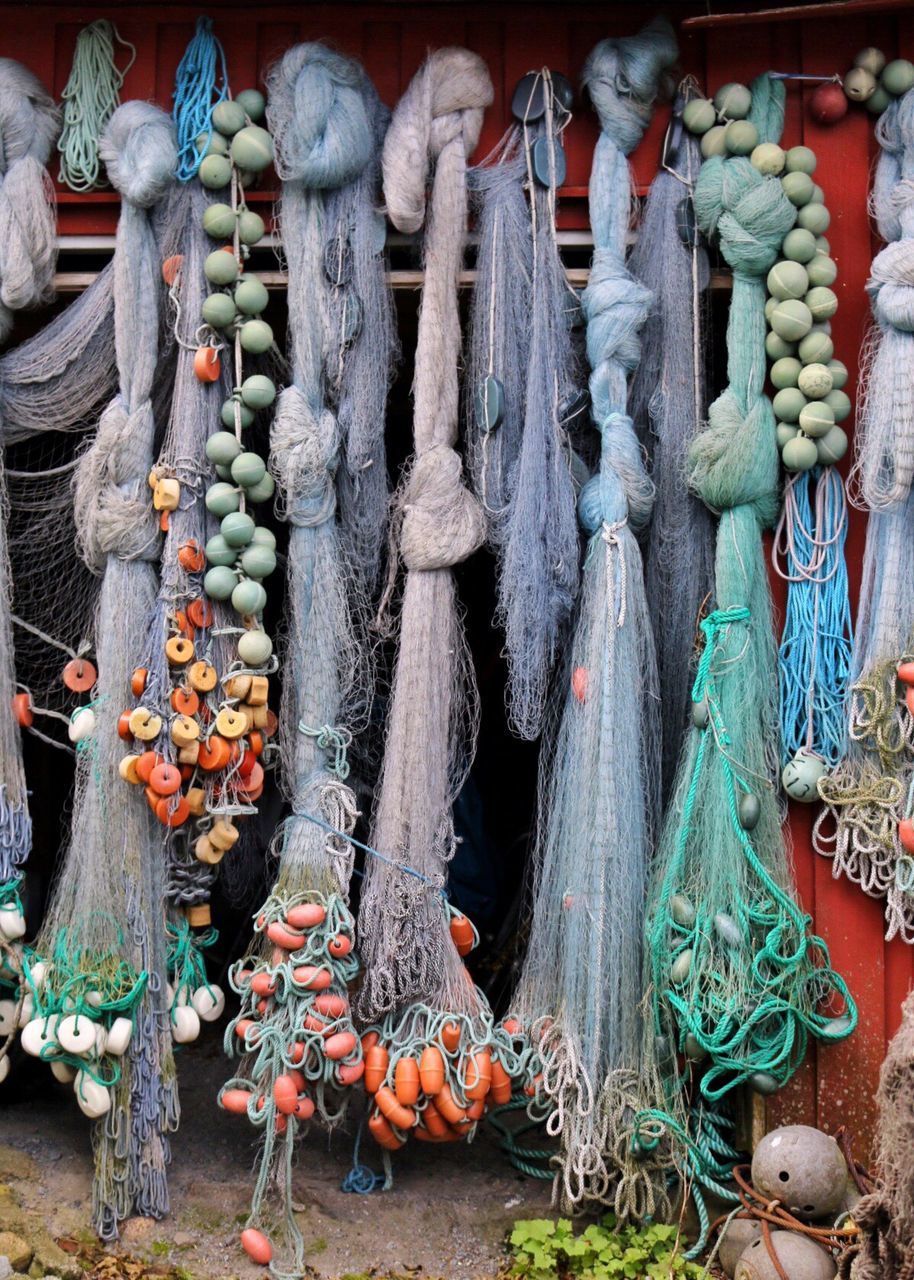 Close-up of fishing nets for sale in market