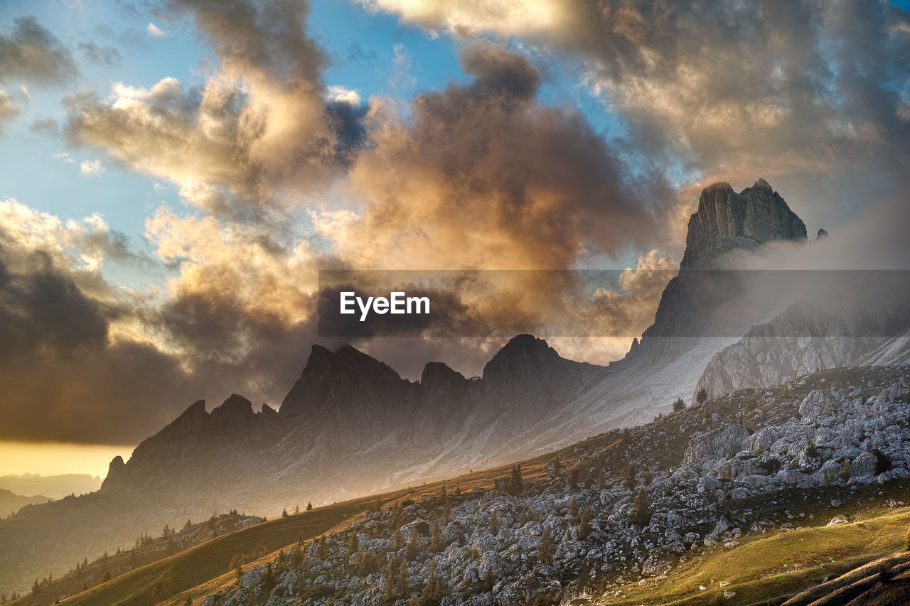 Scenic view of mountains against sky during sunset