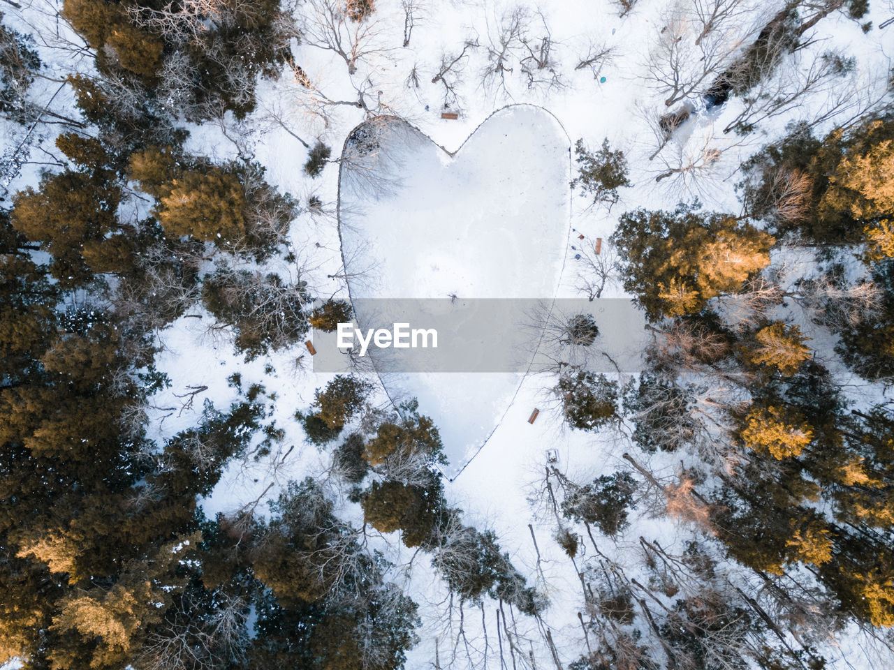 High angle view of snow covered heart-shaped lake in a forest
