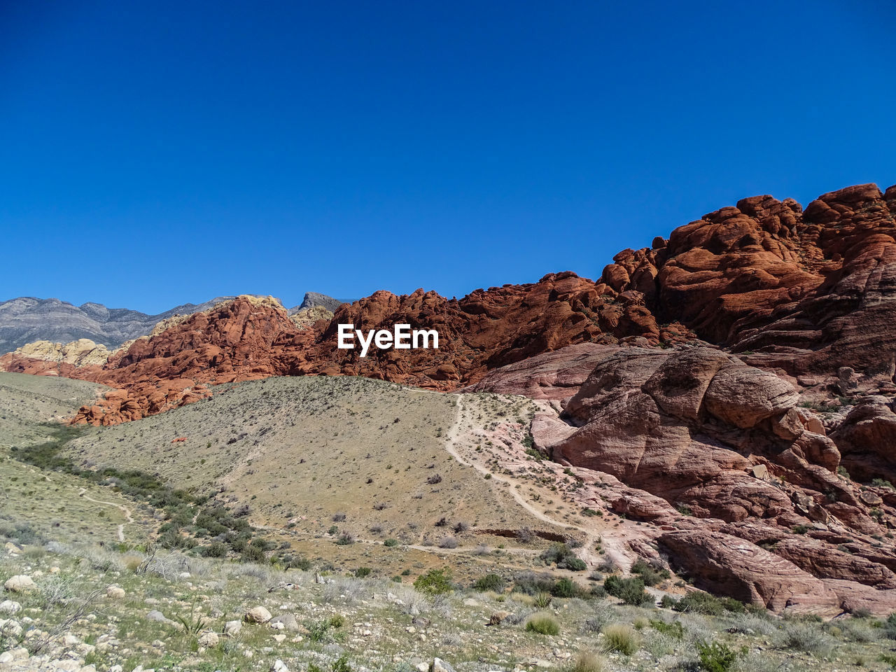 Rock formations against clear blue sky