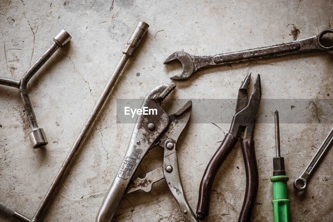 High angle view of work tools on table