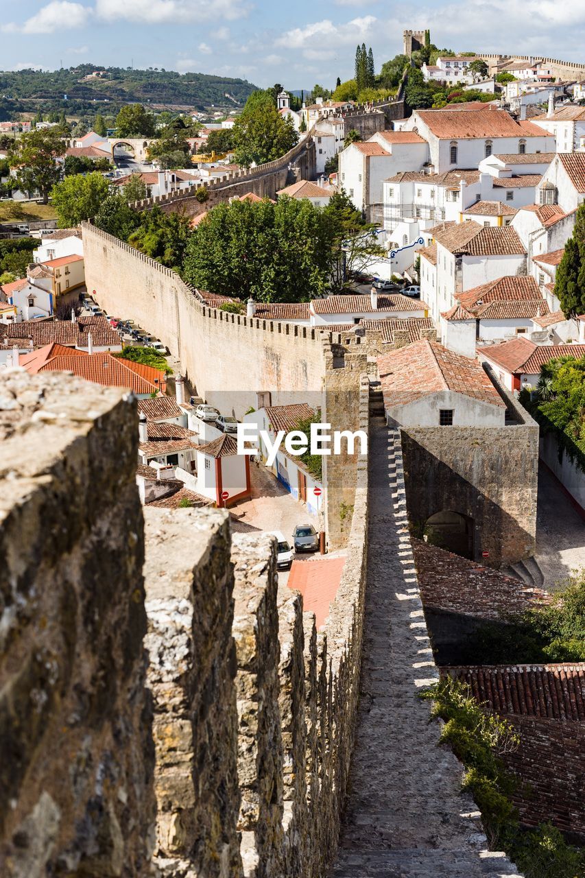 High angle view of houses in town