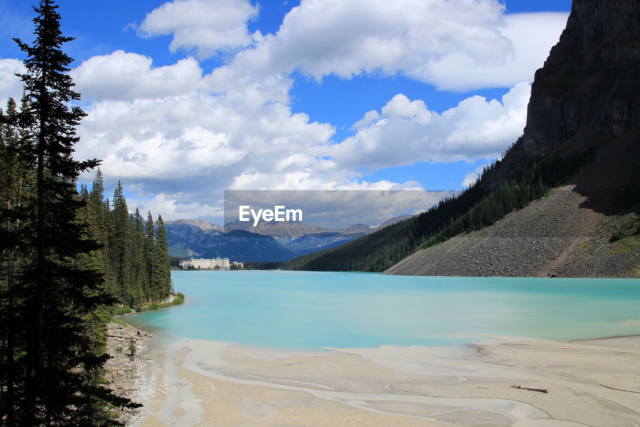 Scenic view of lake louise by mountain against sky