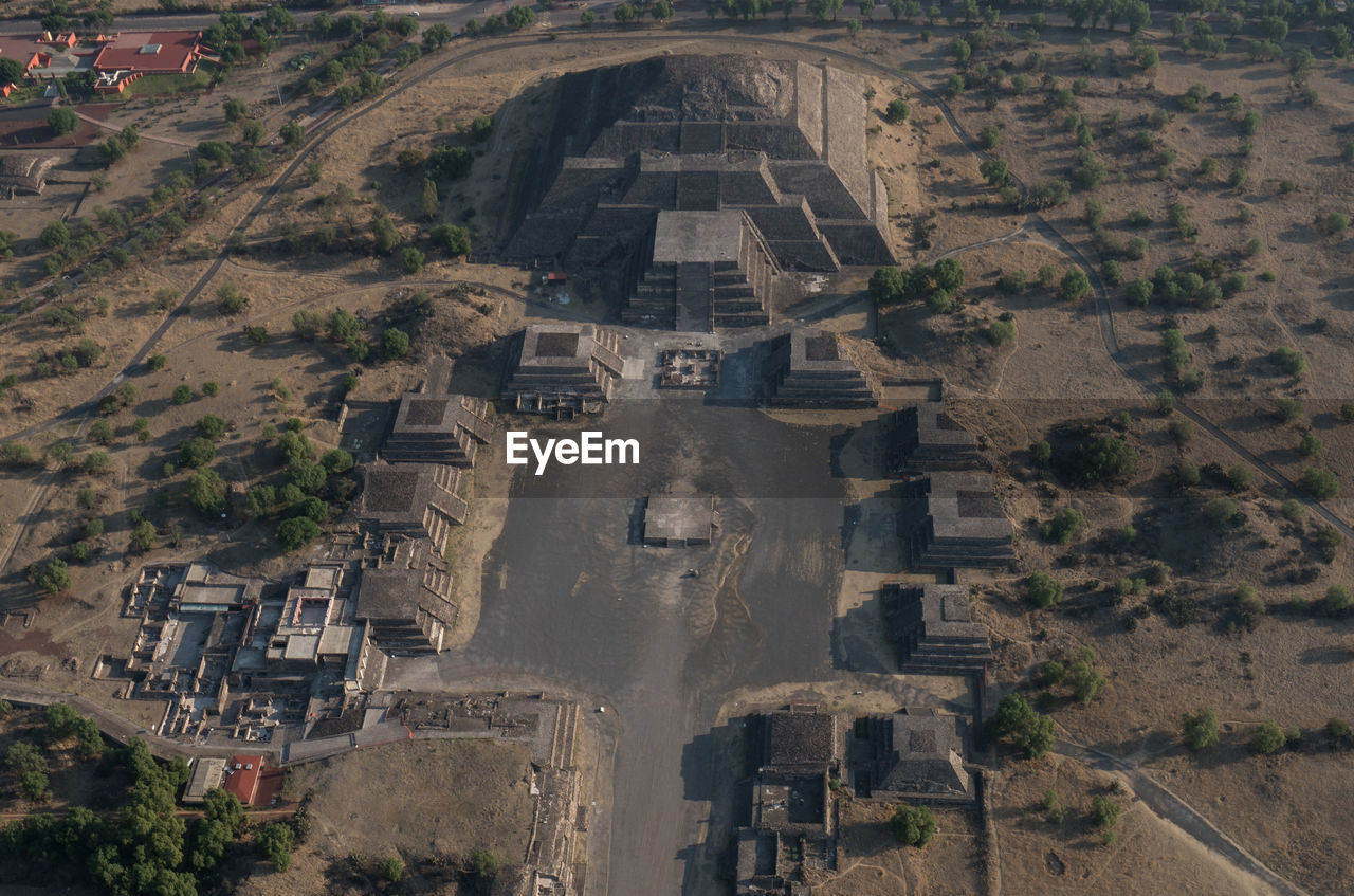 High angle view of pyramids in city