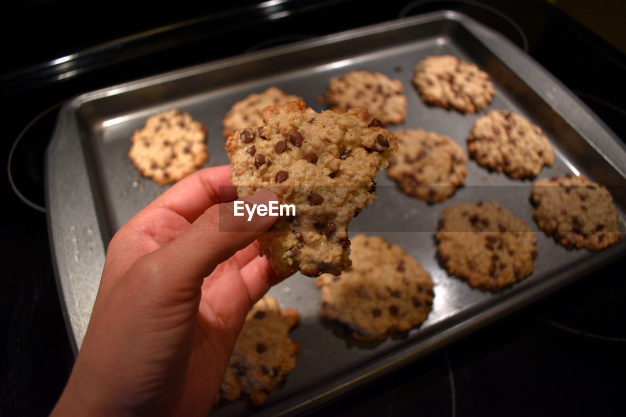 Oatmeal chocolate chip cookie in hand