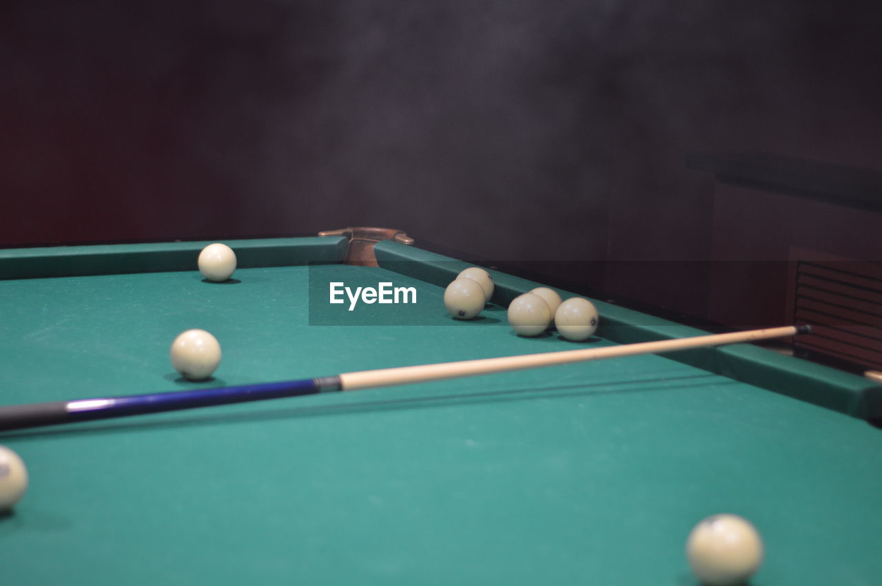 High angle view of balls billiard on table