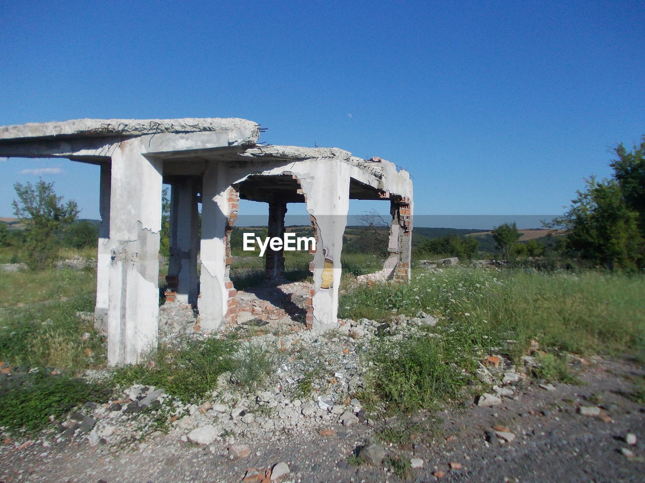 BUILT STRUCTURE ON GRASSY FIELD AGAINST CLEAR SKY