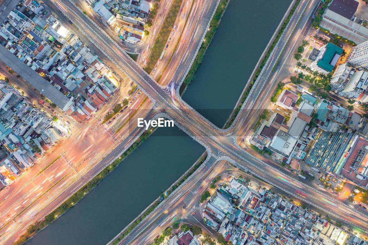 High angle view of city buildings