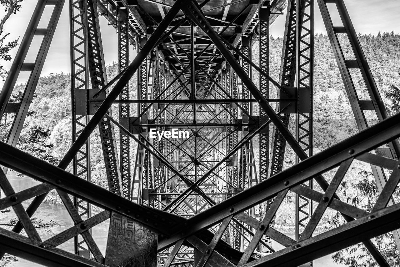 built structure, architecture, metal, low angle view, monochrome, black and white, bridge, iron, line, no people, monochrome photography, sky, day, pattern, urban area, nature, outdoors, girder, black, steel, alloy, travel destinations, tower
