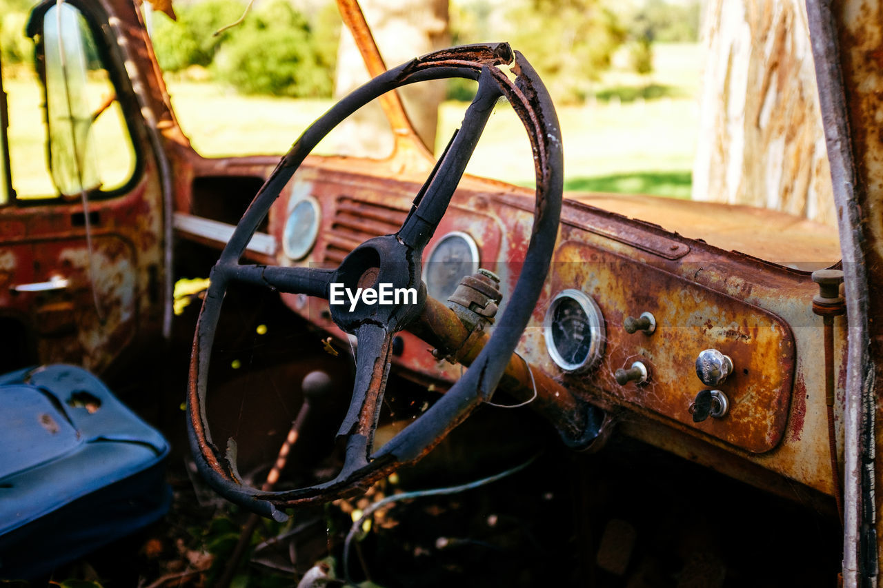 Close-up of rusty car steering wheel