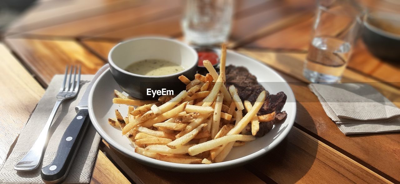 High angle view of food in plate on table