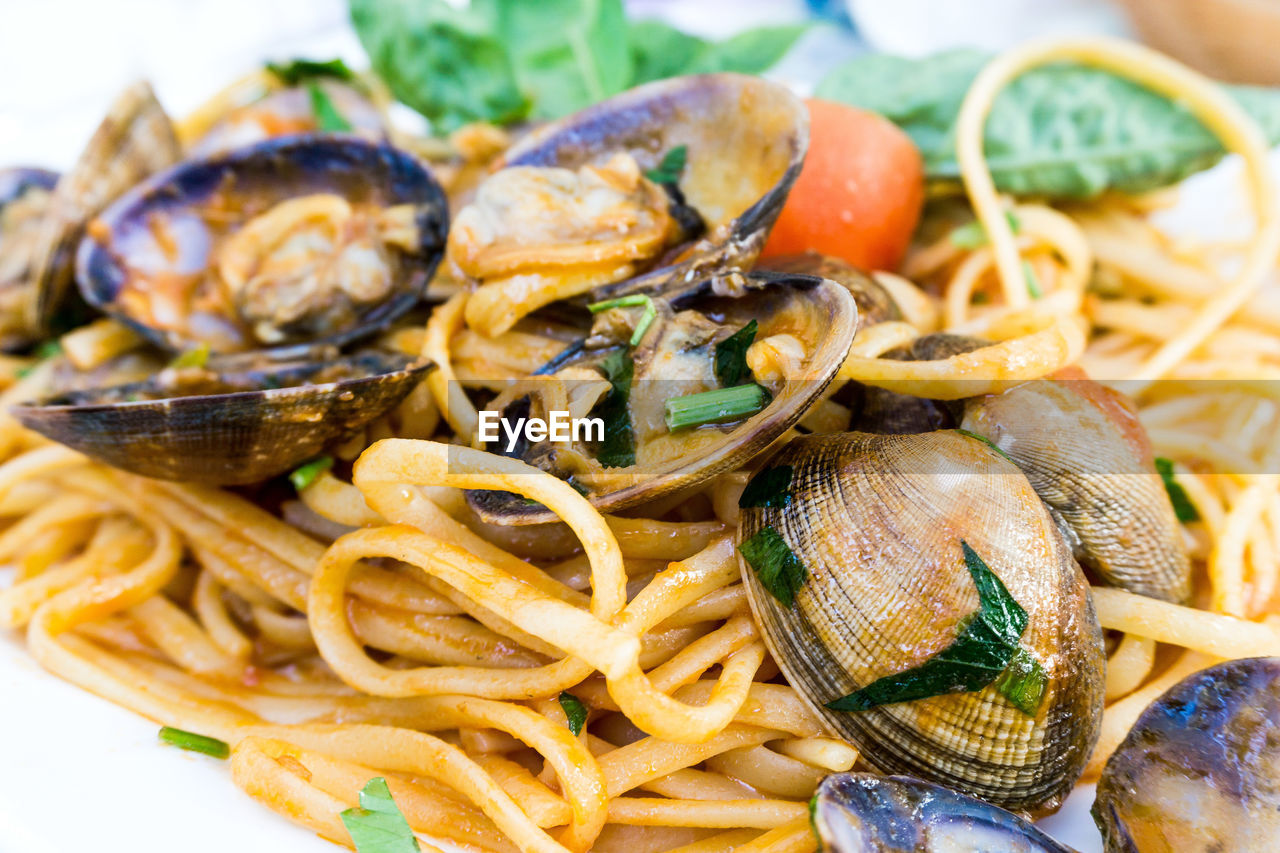 Close-up of seafood pasta