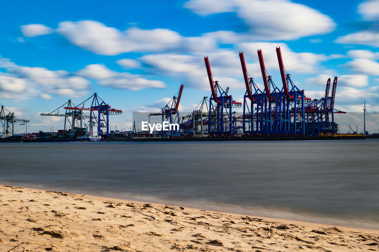 CRANES AT HARBOR AGAINST SKY