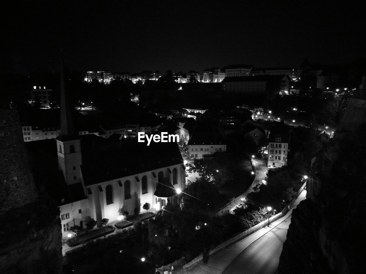 High angle view of illuminated city at night