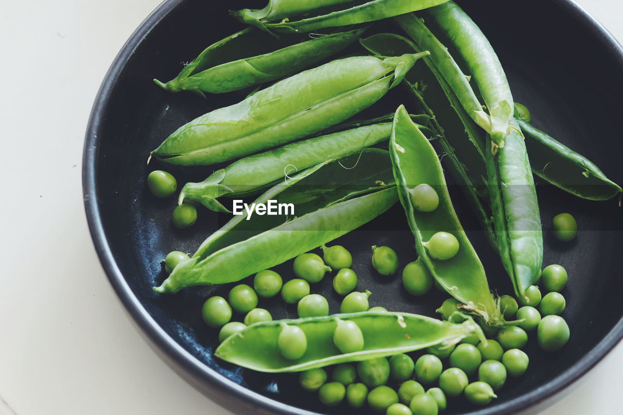 High angle view of green peas