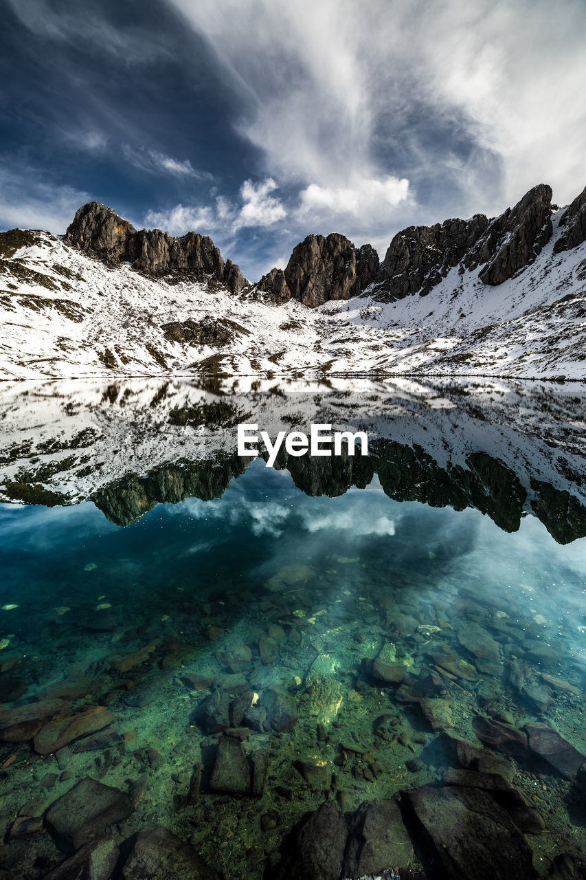 Stunning wild nature scenery with rough snowy rocky peaks reflected in smooth water surface of calm transparent clear lake in pyrenees mountains