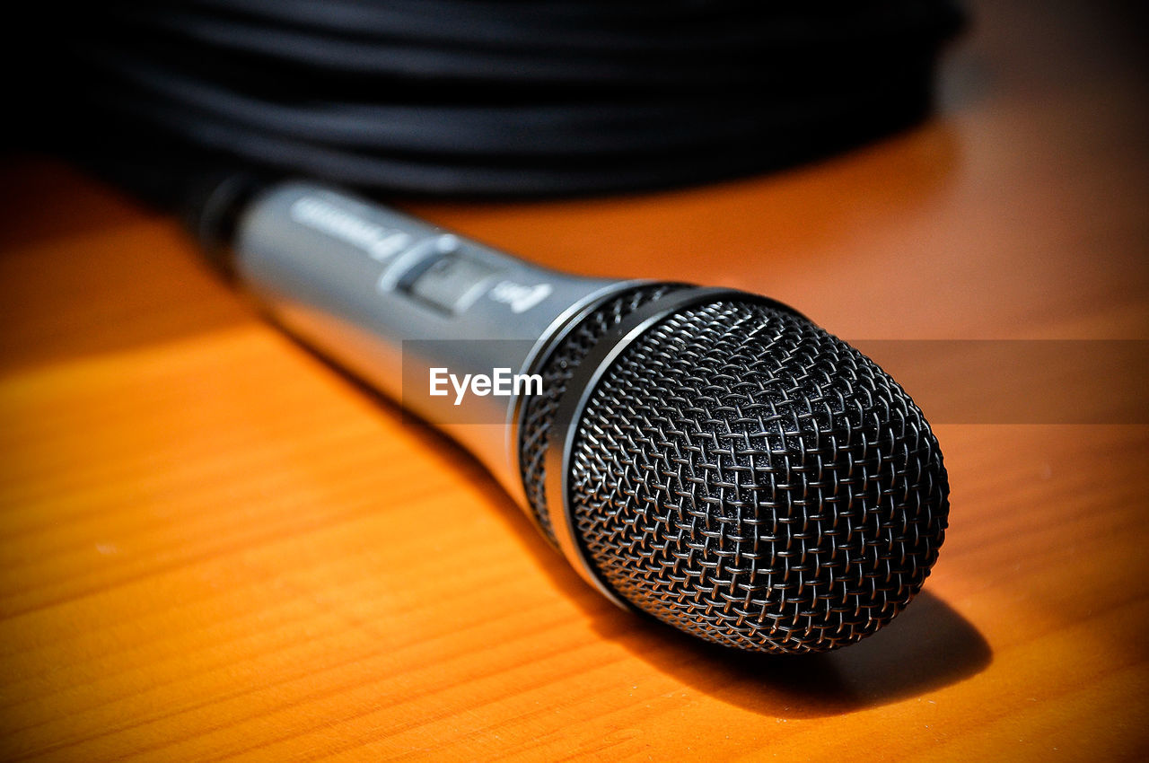 High angle view of microphone on table