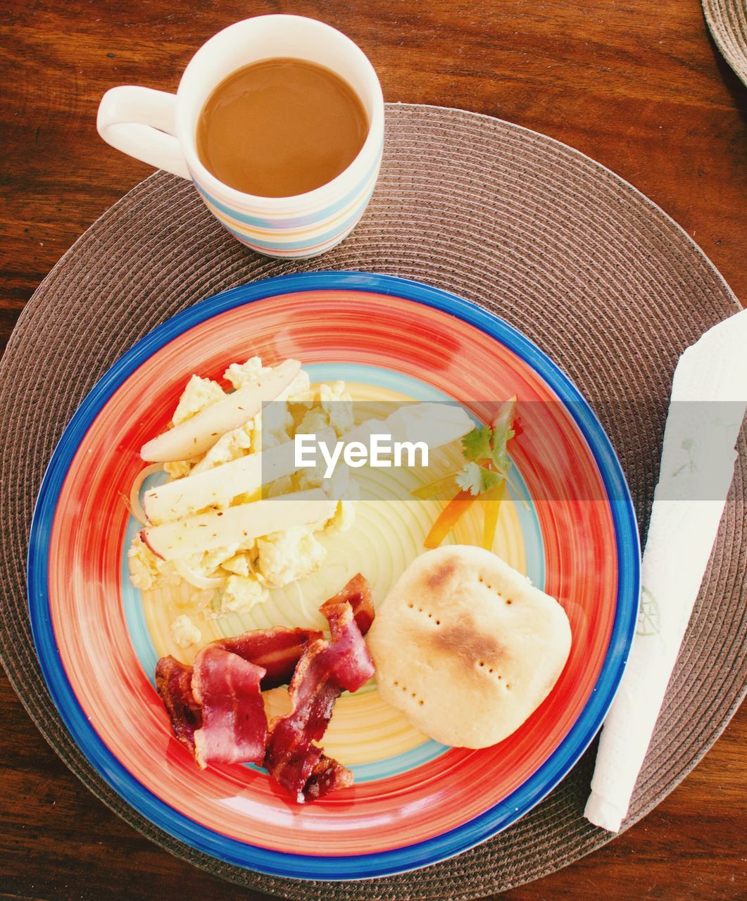 High angle view of fresh breakfast with coffee on table