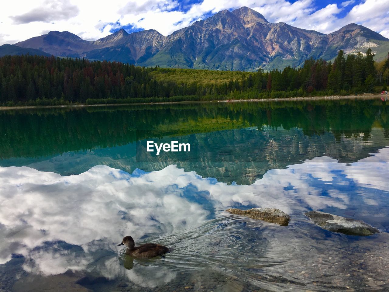 Scenic view of lake with mountains in background