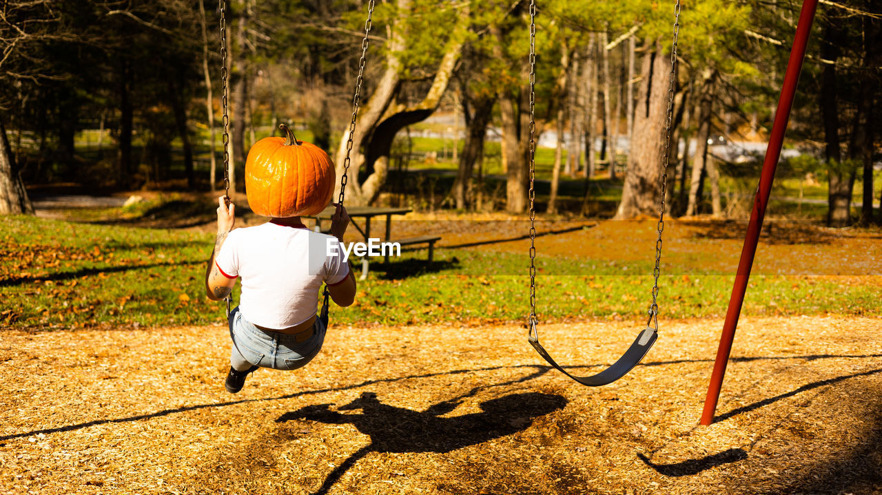 rear view of man sitting on swing at park