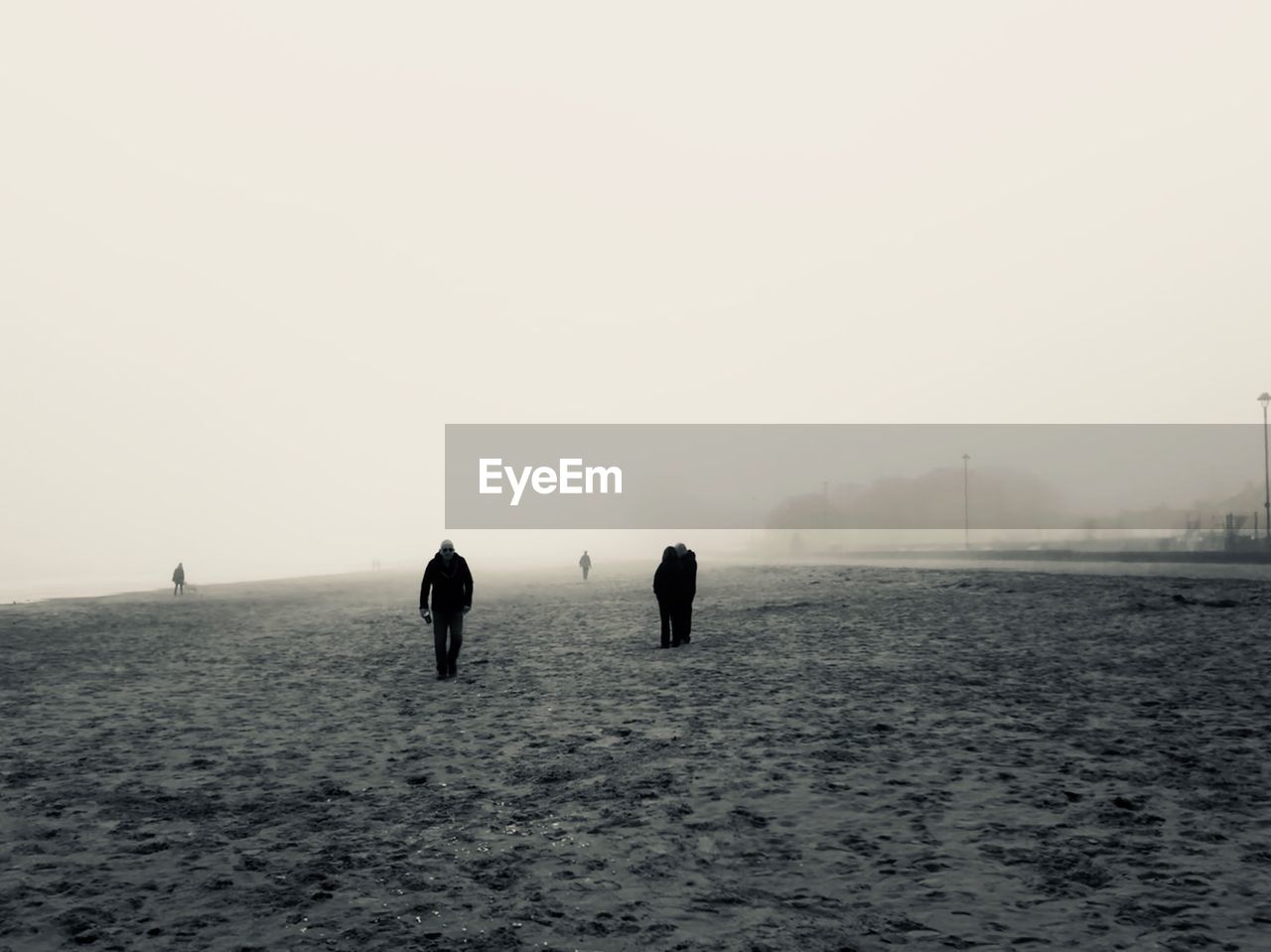 Silhouette people at beach during foggy weather