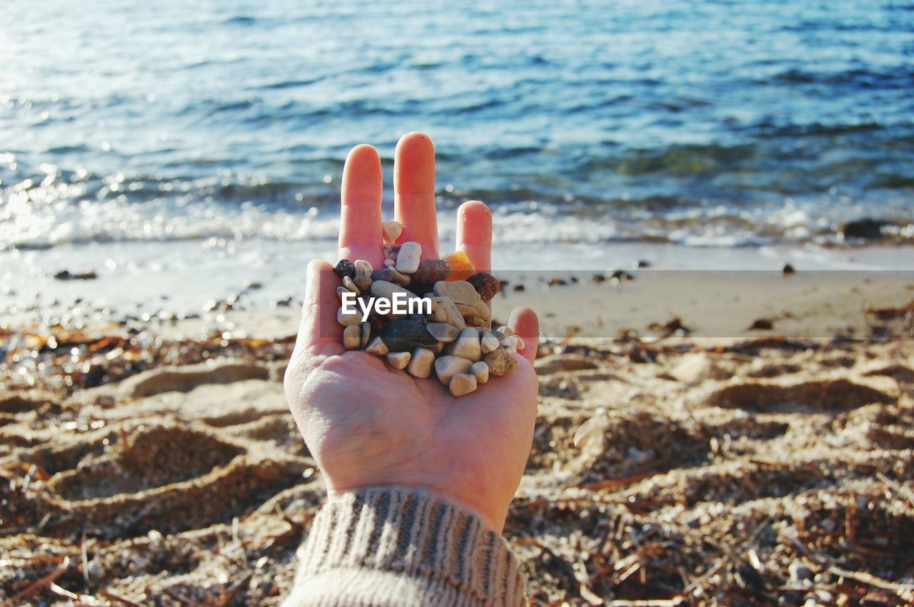 Close-up of person hand on beach