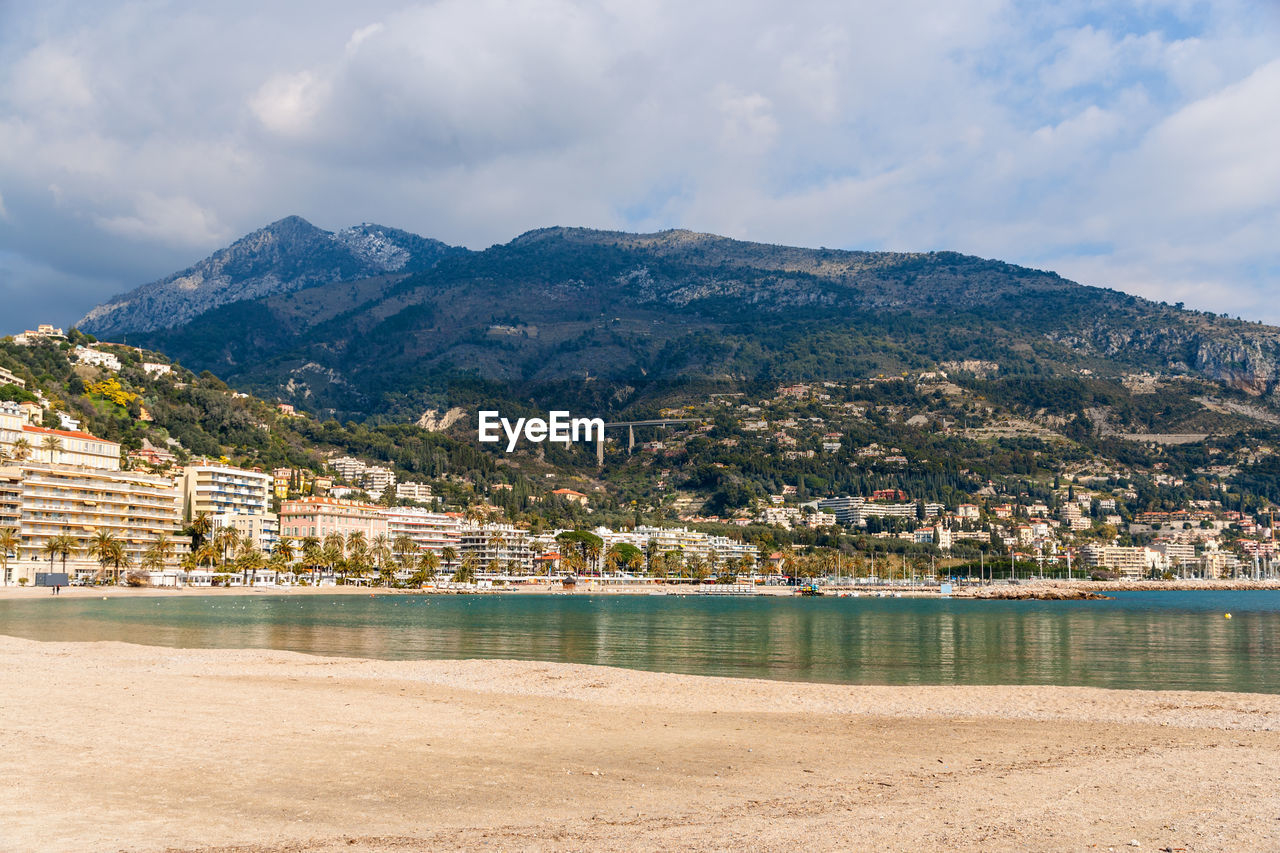 Scenic view of beach against mountain