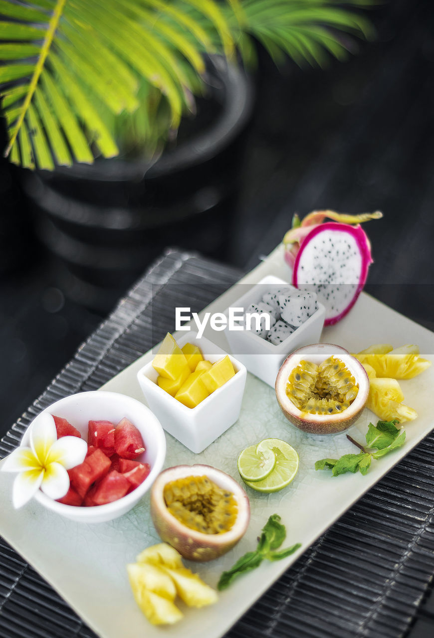 high angle view of food served on table