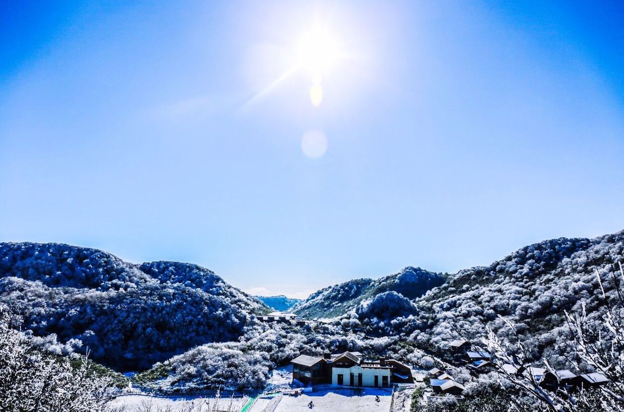 Scenic view of snow covered mountains against clear sky