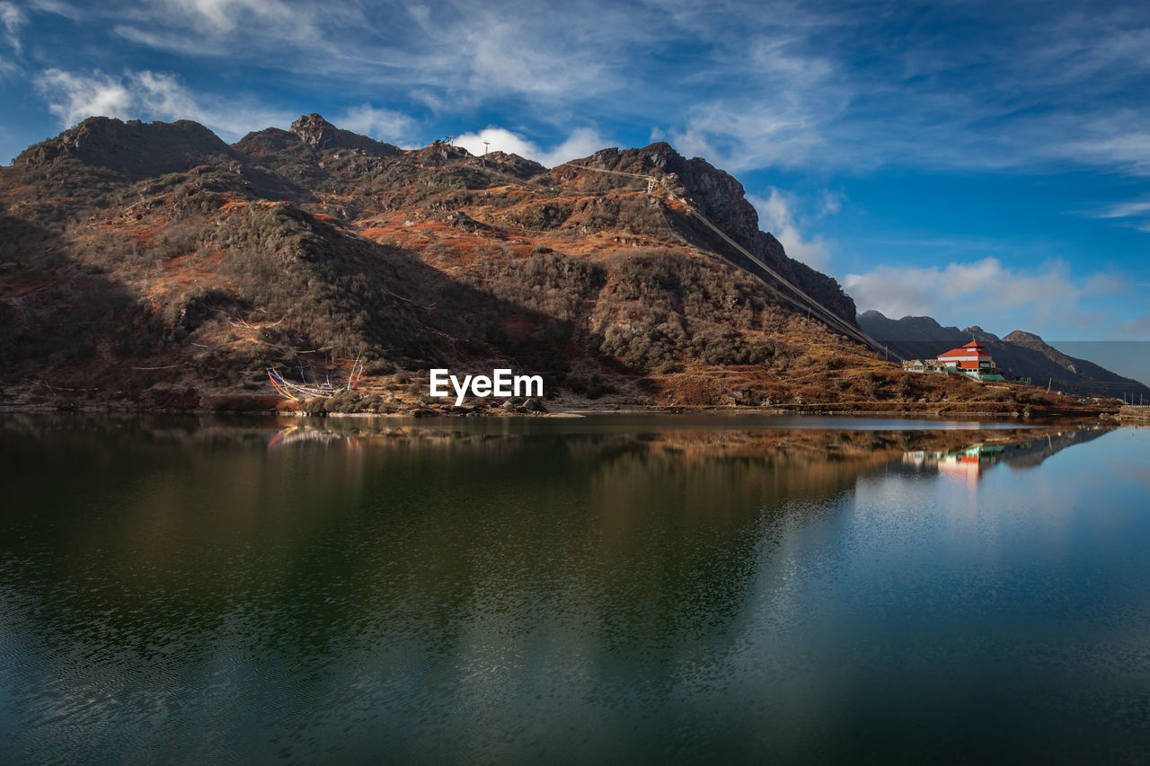 Pristine lake surrounded by himalayan mountain with pristine water reflection isolated view