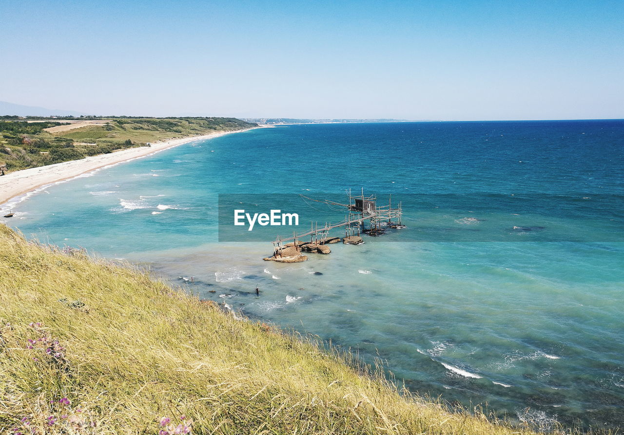 High angle view of sea against clear sky