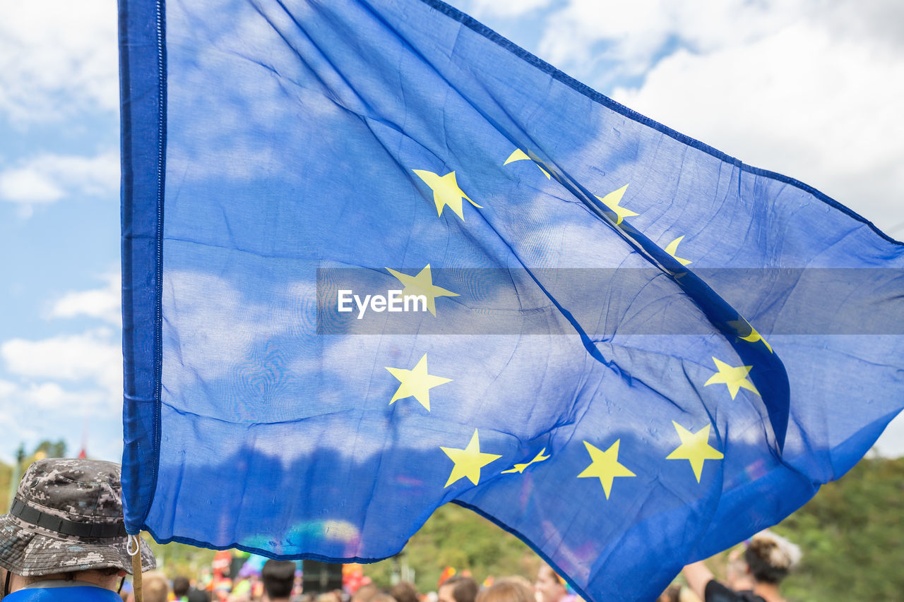 Close up on the european union flag on the prague pride parade.