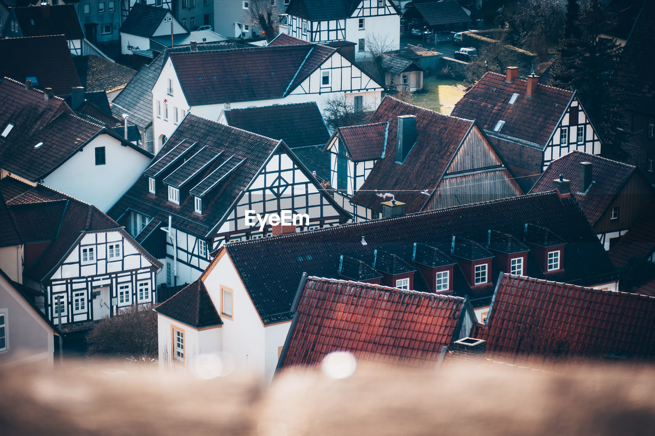 High angle view of buildings in city