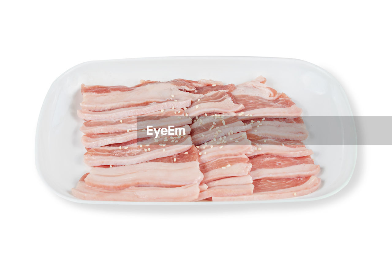 food and drink, food, white background, meat, freshness, cut out, studio shot, dish, indoors, bacon, pork, no people, animal fat, raw food, fish, ham, white, red meat, cuisine, kobe beef