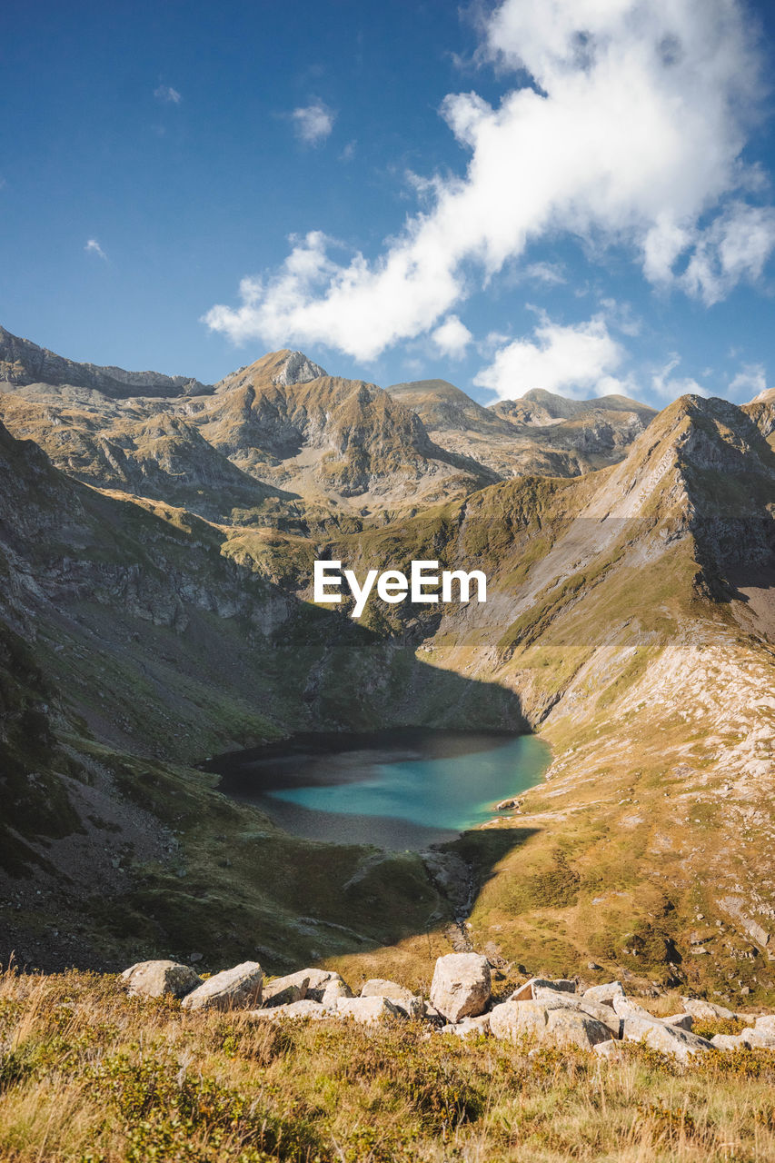 A scenic view on a mountain lake in the pyrenees.