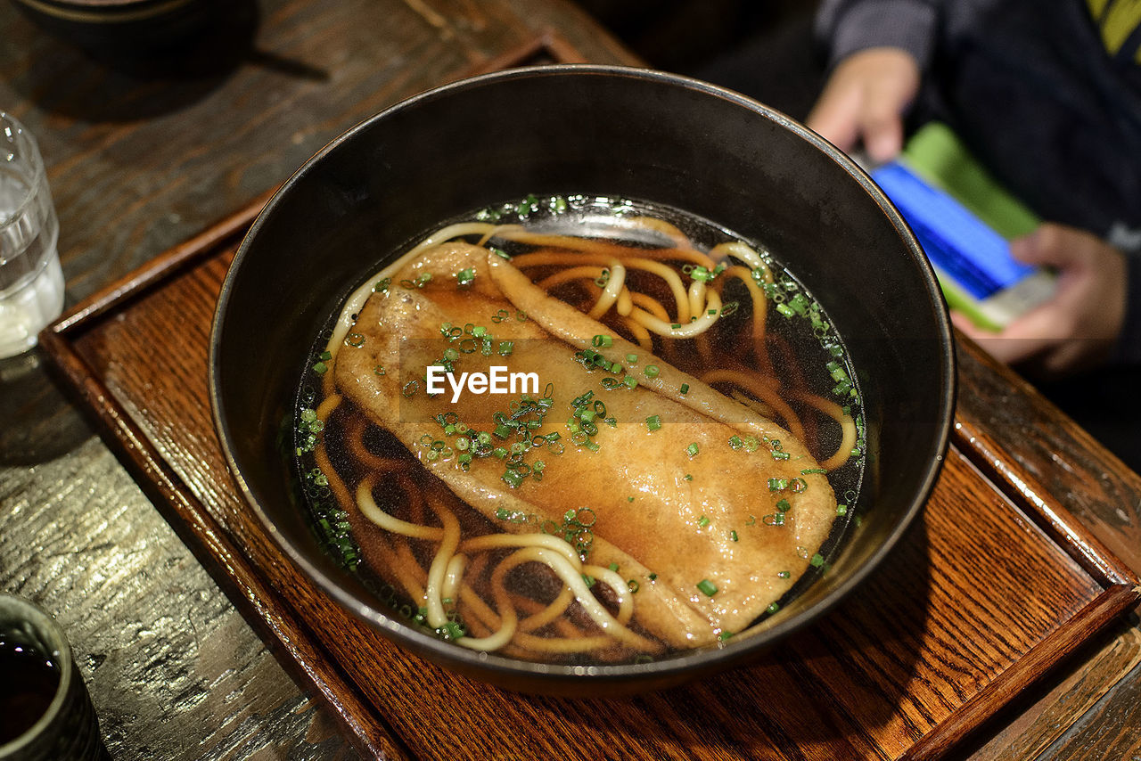 High angle view of food served at table