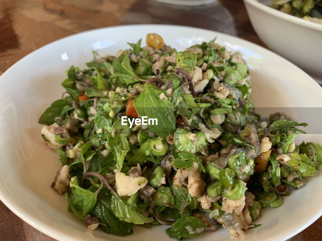 High angle view of salad in bowl on table