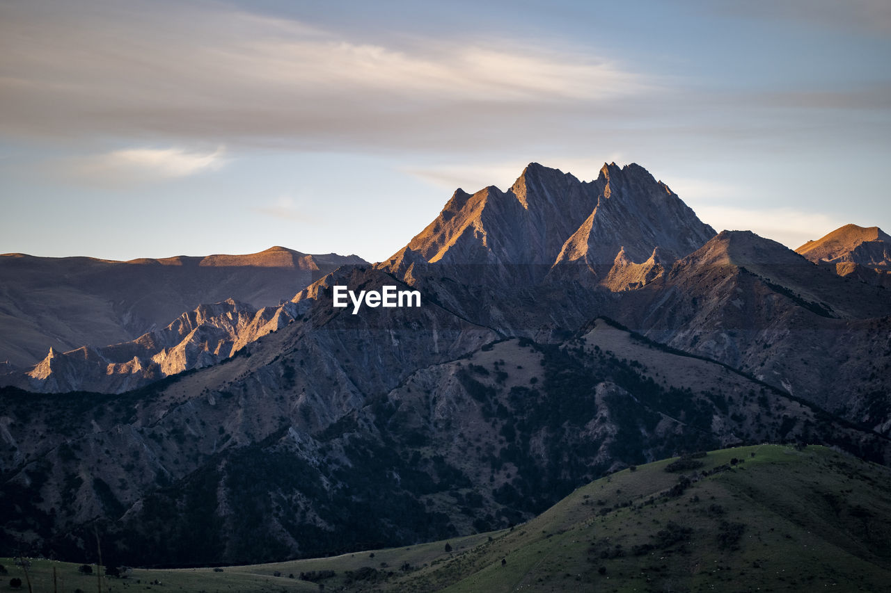 Rocky mountain ridge and landscape, at sunset in new zealand