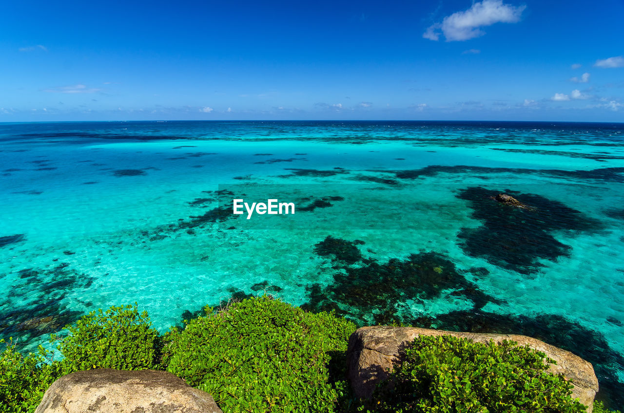 Scenic view of sea against blue sky