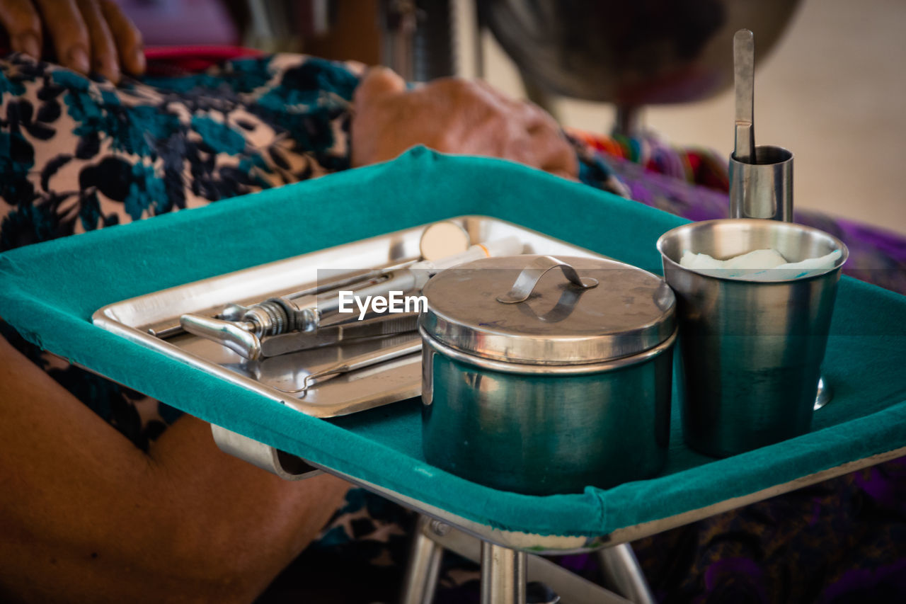 High angle view of dental equipment in tray